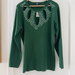 Ashley Stewart Forest Green Cutout Blouse Studded Rhinestones